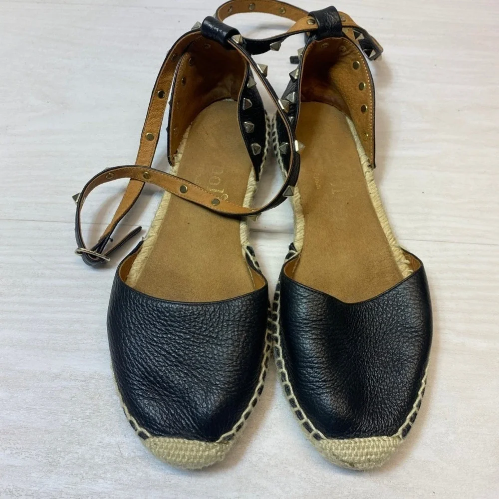 Maypol Womens 38 Espadrille Sandals Studded Ankle Strap Black Leather Flat Spain